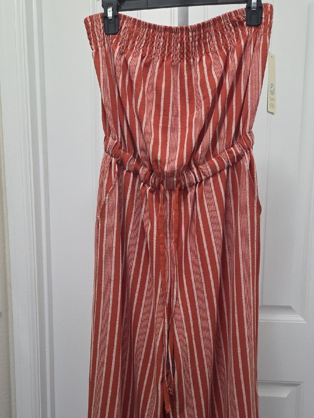 No Boundaries Striped Rust Strapless Jumpsuit